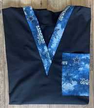 Load image into Gallery viewer, Solid Black Scrub Top with Cowboys Football Blue Fabric on *Neck Band & Pocket Options* Medical Scrub Top Unisex Men & Women