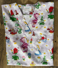 Load image into Gallery viewer, Alice in Wonderland Medical Scrub Top Purple Unisex Relaxed Fit Style for Men & Women