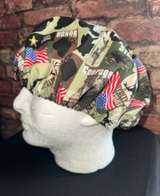 Load image into Gallery viewer, Patriotic Military US Army Strong Tanks Helicopter Black Fabric Unisex Medical Surgical Scrub Caps Men & Women Tie Back and Bouffant Hat Styles
