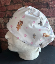 Load image into Gallery viewer, Bambi, Flower & Thumper White Fabric Unisex Medical Surgical Scrub Caps Men & Women Tie Back and Bouffant Hat Styles