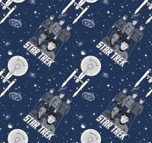 Load image into Gallery viewer, Solid Black Scrub Top with Star Trek Characters blue Fabric on *Neck Band & Pocket Options* Medical Scrub Top Unisex Style Shirt for Men & Women