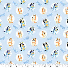 Load image into Gallery viewer, BLUEY & BINGO CARTOON CHARACTERS BADGE LIGHT BLUE Medical Scrub Caps Unisex Men & Women Tie Back and Bouffant Hat Styles