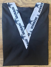 Load image into Gallery viewer, Solid Black Scrub Top with Cowboys Football Black Fabric on *Neck Band & Pocket Options* Medical Scrub Top Unisex Men & Women