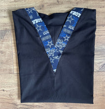 Load image into Gallery viewer, Solid Black Scrub Top with Cowboys Football Fabric on *Neck Band & Pocket Options* Medical Scrub Top Unisex Style Shirt for Men & Women