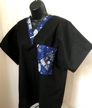 Load image into Gallery viewer, Solid Black Scrub Top with Star Trek Characters blue Fabric on *Neck Band & Pocket Options* Medical Scrub Top Unisex Style Shirt for Men & Women