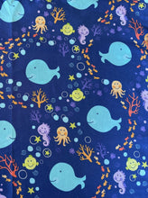 Load image into Gallery viewer, NAUTICAL HAPPY WHALES, SEAHORSES, OCTOPUS BLUE Medical Scrub Top Unisex Style for Men & Women