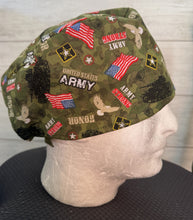 Load image into Gallery viewer, Patriotic Military US Army Strong Green Fabric Unisex Medical Surgical Scrub Caps Men & Women Tie Back and Bouffant Hat Styles