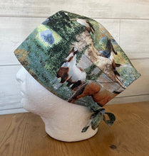 Load image into Gallery viewer, Horses Roaming Wild Pasture Lake Fabric Unisex Medical Surgical Scrub Caps Men & Women Tie Back and Bouffant Hat Styles