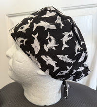 Load image into Gallery viewer, SHARK SPECIES ON BLACK Fabric Unisex Medical Surgical Scrub Caps Men & Women Tie Back and Bouffant Hat Styles