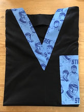 Load image into Gallery viewer, Solid Black Scrub Top with Star Trek blue Characters Fabric on *Neck Band & Pocket Options* Medical Scrub Top Unisex Style Shirt for Men & Women