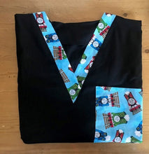 Load image into Gallery viewer, Solid Black Scrub Top with THOMAS THE TRAIN Fabric on *Neck Band & Pocket Options* Medical Scrub Top Unisex Style Shirt for Men & Women