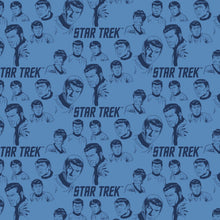 Load image into Gallery viewer, Solid Black Scrub Top with Star Trek blue Characters Fabric on *Neck Band & Pocket Options* Medical Scrub Top Unisex Style Shirt for Men & Women