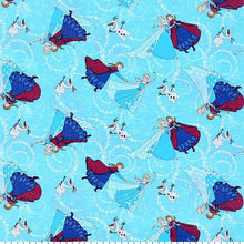 Load image into Gallery viewer, Frozen Sisters Elsa & Anna Olaf Ice Skating Shimmer of Glitter Blue Fabric Nurse Medical Scrub Top Unisex Style for Men & Women