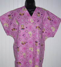 Load image into Gallery viewer, Frozen Medical Scrub Top Sisters Elsa & Anna Sisters Shimmer of Glitter Pink Unisex Style for Men & Women