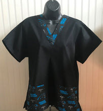 Load image into Gallery viewer, Solid Black Scrub Top with Carolina Panthers Football Fabric on *Neck Band & Pocket Options* Medical Scrub Top Unisex Style Shirt for Men & Women