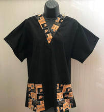 Load image into Gallery viewer, Solid Black Scrub Top with Anaheim Ducks Hockey Fabric on *Neck Band & Pocket Options* Medical Scrub Top Unisex Style Shirt for Men & Women