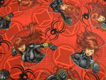Load image into Gallery viewer, BLACK WIDOW Superhero Red Fabric Unisex Medical Surgical Scrub Caps Men & Women Tie Back and Bouffant Hat Styles