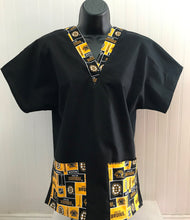 Load image into Gallery viewer, Solid Black Scrub Top Hockey Boston Bruins Fabric on *Neck Band & Pocket Options* Medical Scrub Top Unisex Men Scrub Top Women Scrub Top