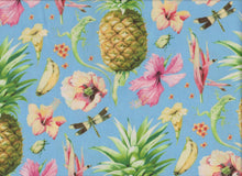 Load image into Gallery viewer, Beautiful Hawaiian Pineapple Hibiscus Flowers Banana Gecko Lizard Blue Fabric Unisex Medical Surgical Scrub Caps Men & Women Tie Back and Bouffant Hat Styles