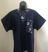 Load image into Gallery viewer, Solid Navy Scrub Top with Columbus Blue Jackets Hockey Fabric on *Neck Band & Pocket Options* Medical Scrub Top Unisex Style Shirt for Men & Women