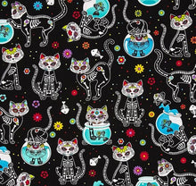 Load image into Gallery viewer, Solid Black Scrub Top with Cat Day of the Dead Skeleton Fabric on *Neck Band & Pocket Options* Medical Scrub Top Unisex Style Shirt for Men & Women