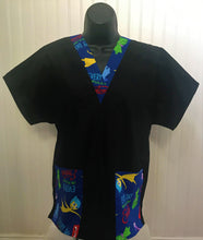 Load image into Gallery viewer, Solid Black Scrub Top with Inside Out Emotions Fabric on *Neck Band & Pocket Options* Medical Scrub Top Unisex Style Shirt for Men & Women