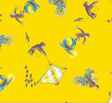 Load image into Gallery viewer, Curious George Monkey Flying a Kite, Riding a Bike, Ball Fun Yellow Fabric Nurse Medical Scrub Top Unisex Style for Men & Women