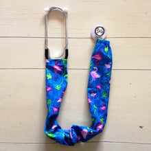 Load image into Gallery viewer, Pink Flamingo & Palm Trees Blue Fabric Medical Stethoscope sock cover for Medical Professionals