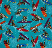 Load image into Gallery viewer, TMNT Teenage Mutant Ninja Turtles Donatello Michaelangelo Raphael Leonardo Sewer Surfing Aqua Fabric Nurse Medical Scrub Top Unisex Style for Men & Women