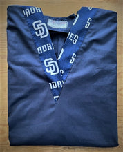 Load image into Gallery viewer, Solid Navy Scrub Top with San Diego Padres Baseball Fabric on *Neck Band & Pocket Options* Medical Scrub Top Unisex Style Shirt for Men & Women