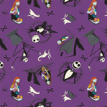 Load image into Gallery viewer, NBC Nightmare Before Christmas Characters Tombstones Jack Skellington & Sally Purple Fabric Nurse Medical Scrub Top Unisex Style for Men & Women