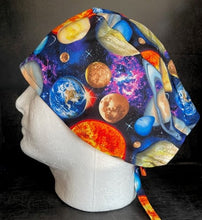 Load image into Gallery viewer, Outer Space Galaxy Solar System Planets Moon Packed & Stars Fabric Unisex Medical Surgical Scrub Caps Men & Women Tie Back and Bouffant Hat Styles