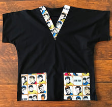 Load image into Gallery viewer, Solid Black Scrub Top with Star Trek Characters Fabric on *Neck Band & Pocket Options* Medical Scrub Top Unisex Style Shirt for Men & Women