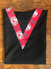 Load image into Gallery viewer, Solid Black Scrub Top with Boston Red Sox Baseball Fabric on *Neck Band & Pocket Options* Medical Scrub Top Unisex Style Shirt for Men & Women