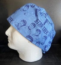 Load image into Gallery viewer, Star Trek Galaxy Crew Characters Blue Fabric Unisex Medical Surgical Scrub Caps Men & Women Tie Back and Bouffant Hat Styles