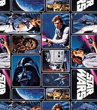 Load image into Gallery viewer, Solid Black Scrub Top with Star Wars Characters Blue Fabric on *Neck Band & Pocket Options* Medical Scrub Top Unisex Style Shirt for Men & Women