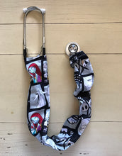 Load image into Gallery viewer, NBC Nightmare Before Christmas Stone Faced Squares Characters Fabric Stethoscope sock cover for Medical Professionals
