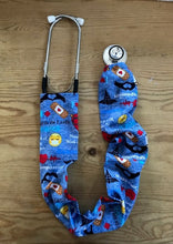 Load image into Gallery viewer, Hero Nurses Nursing is the Work of the Heart Denim Blue Fabric Stethoscope sock cover for Medical Professionals