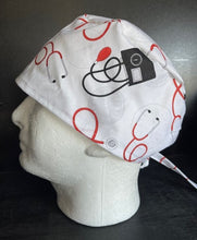 Load image into Gallery viewer, Medical Theme Calling All Nurses Stethoscope Blood Pressure Equipment White Fabric Unisex Medical Surgical Scrub Caps Men & Women Tie Back and Bouffant Hat Styles