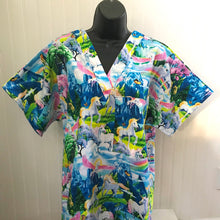 Load image into Gallery viewer, Rainbow, Butterflies & Unicorns Medical Scrub Top Unisex Style Shirt for Men & Women