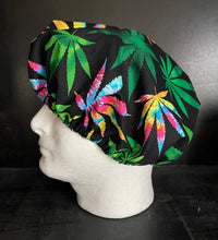 Load image into Gallery viewer, Psychedelic Rainbow Cannabis Marijuana Black Fabric Unisex Medical Surgical Scrub Caps Men &amp; Women Tie Back and Bouffant Hat Styles
