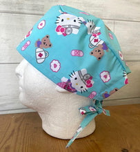 Load image into Gallery viewer, White Kitty Medical Themed Aqua Fabric Unisex Medical Surgical Scrub Caps Men &amp; Women Tie Back and Bouffant Hat Styles
