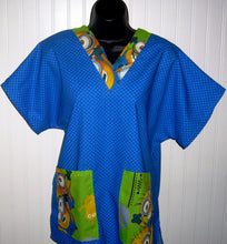 Load image into Gallery viewer, Size Medium Blue bubbles top with Minions Green Pockets and Collar band Unisex Style Shirt for Men &amp; Women *IN STOCK *READY TO SHIP
