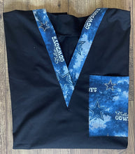 Load image into Gallery viewer, Solid Black Scrub Top with Cowboys Football Blue Fabric on *Neck Band &amp; Pocket Options* Medical Scrub Top Unisex Men &amp; Women
