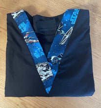 Load image into Gallery viewer, Solid Black Scrub Top with Star Wars Ships Blue Fabric on *Neck Band &amp; Pocket Options* Medical Scrub Top Unisex Style Shirt for Men &amp; Women
