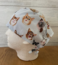 Load image into Gallery viewer, Cat Selfies on Blue Fabric Unisex Medical Surgical Scrub Caps Men &amp; Women Tie Back and Bouffant Hat Styles
