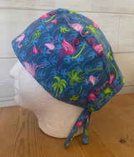 Load image into Gallery viewer, Pink Flamingo &amp; Palm Trees Blue Fabric Medical Surgical Scrub Caps Men &amp; Women Tie Back and Bouffant Hat Styles

