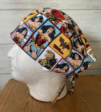 Load image into Gallery viewer, Wonder Woman Superhero FIGHT FOR JUSTICE Fabric Unisex Medical Surgical Scrub Caps Men &amp; Women Tie Back and Bouffant Hat Styles
