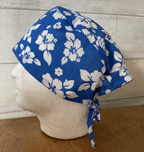 Load image into Gallery viewer, Hawaiian Tropical Hibiscus Flower Blue White Fabric Unisex Medical Surgical Scrub Caps Men &amp; Women Tie Back and Bouffant Hat Styles
