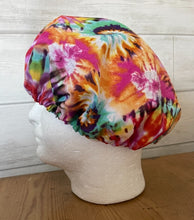 Load image into Gallery viewer, Tie Dye Fabric Medical Surgical Scrub Caps Men &amp; Women Tie Back and Bouffant Hat Styles
